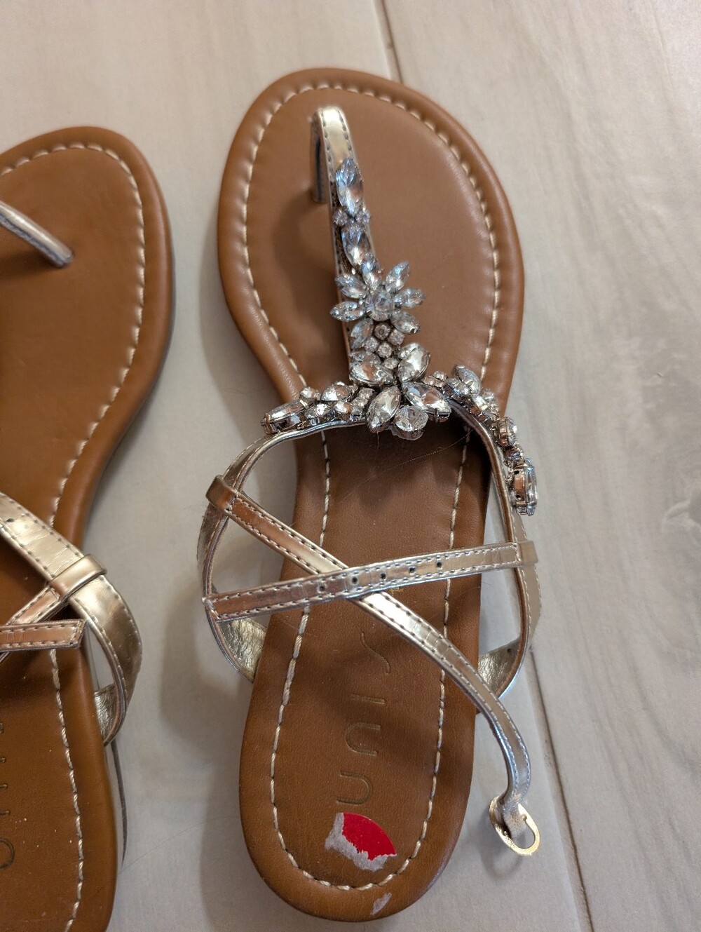 Women's Jeweled Metallic T-Strap Sandals - Silver